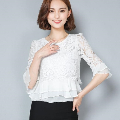 早秋新品韩版女装 时尚蕾丝圆领九分袖套头小衫修身蕾丝衫包邮潮