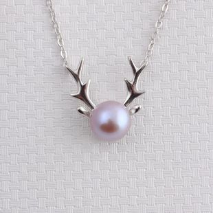 天然淡水珍珠小鹿项链 925银麋鹿角吊坠 新年礼物 情人节礼物包邮