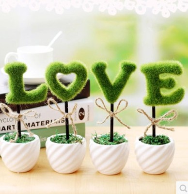 LOVE绿色植物毛球盆栽摆件假花家装饰品仿真花陶瓷套装花艺小盆栽
