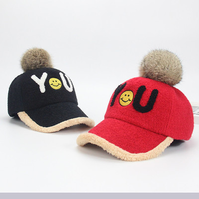冬季新款儿童保暖鸭舌帽真兔毛球笑脸加厚棒球帽男女小孩宝宝帽子