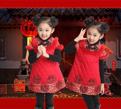 中大女童唐装韩版儿童新年礼服衣服加厚春节传统旗袍中国风连衣裙