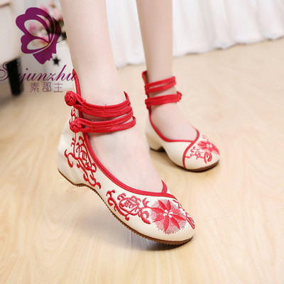 绣花布鞋民族风老北京女红色广场舞蹈鞋平底中跟坡跟内增高牛筋底
