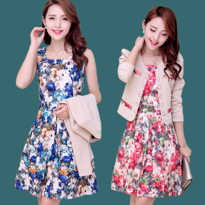 新款高档韩版OL气质修身显瘦两件套连衣裙长袖印花套装连衣裙套裙