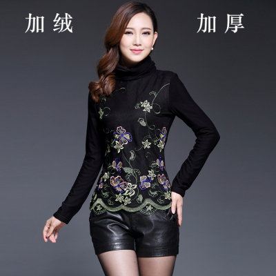 2015冬季新款修身小衫韩版加绒加厚T恤长袖套头单件刺绣打底衫女