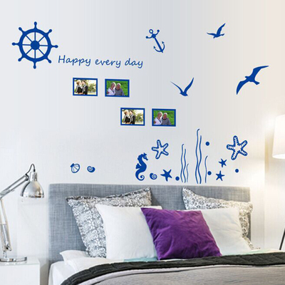地中海风格蓝色时尚家居浴室防水瓷砖贴纸男生卧室装饰照片墙贴画