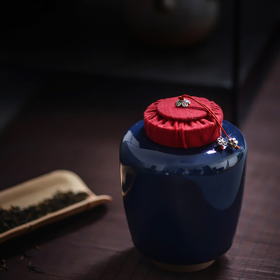 茶叶罐 茶仓 密封存茶罐 祭蓝釉 陶泥储茶罐 防尘软木塞盖 便携