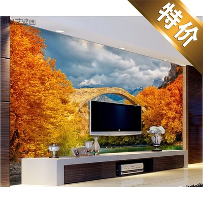 秋天树林枫叶小桥流水仙境壁纸客厅电视沙发背景墙大型墙纸壁画