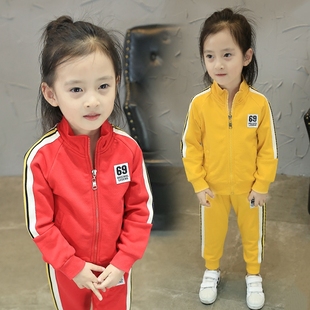 2016女童套装秋装新款 韩版中小女童侧边条纹拉链开衫运动套装潮