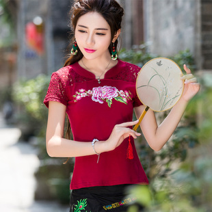 民族风女夏季上衣 中国风女装蕾丝拼接刺绣花修身短袖T恤女打底衫