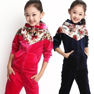 童套装2015春款童装 韩版中大女童金丝绒碎花运动套装 女童套装