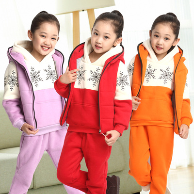 童装女童冬装季2014新款儿童中大童休闲卫衣保暖三件套套装加绒厚