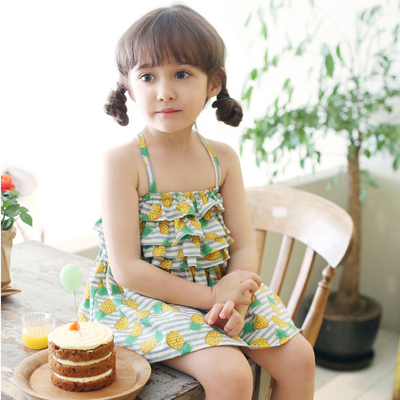 韩国童装2014女童新款夏新品韩版菠萝吊带连衣裙荷叶边宝宝公主裙