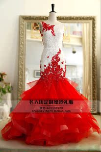 高级定制 2015新款 婚纱礼服 红色无袖镂空蕾丝露背公主鱼尾婚纱