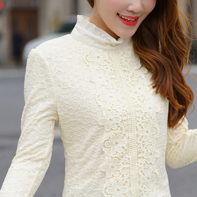 冬季韩版女装新款套头加厚保暖长袖蕾丝衫冬加绒打底衫女短款
