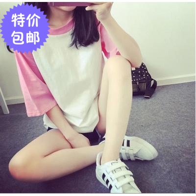 2015韩版夏装短袖t恤 学院风宽松拼色插肩袖女半袖上衣学生装包邮