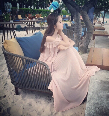 Sharkstudio/2015泰国品牌裸粉色仙女露肩吊带荷叶边雪纺百褶长裙
