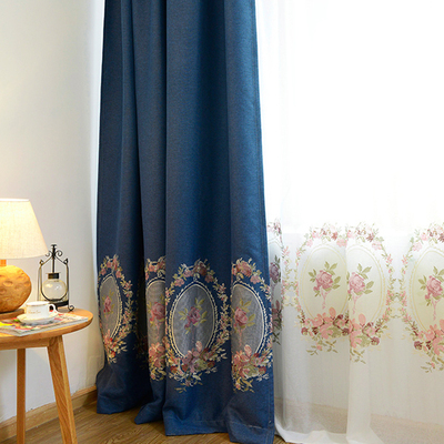 蓝色欧式大花窗帘 韩式田园餐厅卧室客厅 定制地中海风格高档加厚
