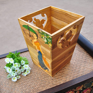 泰国进口实木垃圾桶 田园创意 卧室客厅高档木质家用装饰垃圾桶
