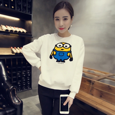 2015冬新款韩版植绒卡通图案圆领长袖加绒加厚套头卫衣打底衫女