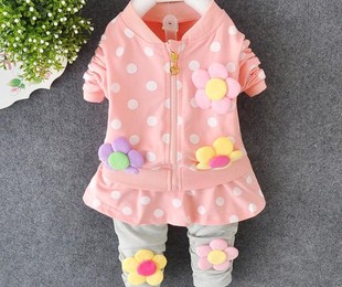 2015秋款韩版6个月婴幼儿长袖开衫两件套女童套装圆点花朵包邮