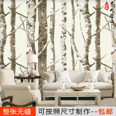 简约欧式大型壁画客厅电视背景墙纸卧室餐厅壁纸 手绘树林白桦林