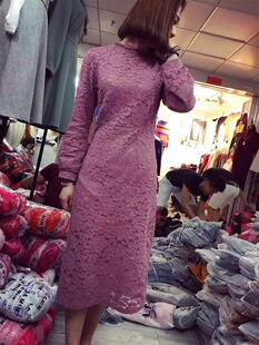 2015冬装新款韩国东大门加厚高端全棉蕾丝微灯笼袖连衣裙修身显瘦