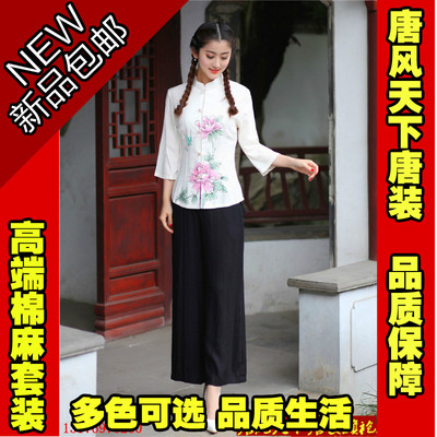 新款中国风女春装传统文化手绘牡丹棉麻唐装修身居士汉服套装秋装
