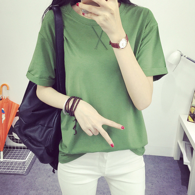 T恤女夏新款纯色卷边简约短袖体恤韩国学生潮宽松显瘦半袖上衣服