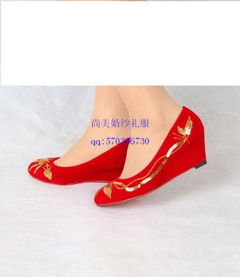 红色婚鞋舞蹈鞋 新娘鞋 孕妇鞋坡跟鞋演出鞋 结婚鞋子 旗袍鞋子
