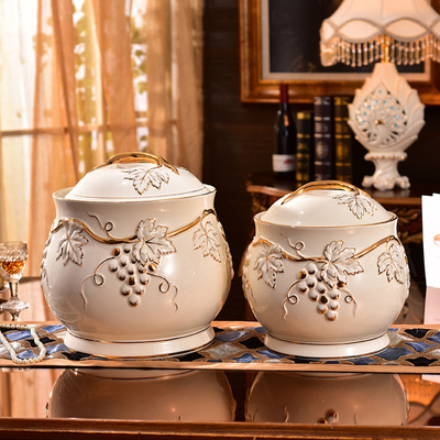 大容量陶瓷新居储物罐浮雕精品茶叶罐10斤20斤防潮防湿陶瓷大米缸