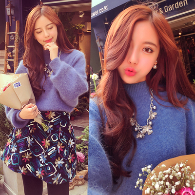 2015冬装韩国简约泡泡袖兔毛毛衣加立体花朵绚丽彩色半身裙两件套