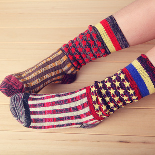 日系原宿民族风全棉加厚堆堆袜复古粗线条纹个性街头潮中筒女袜子