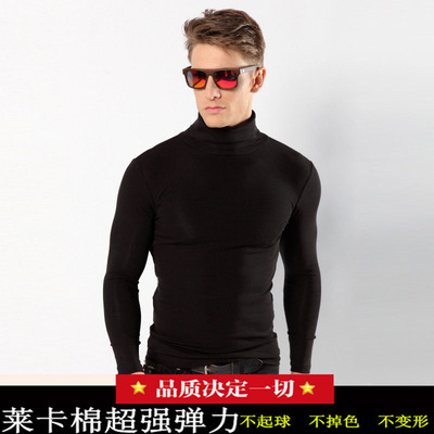 韩版纯棉紧身长袖T恤男士修身高领打底衫莱卡棉纯色T恤男装上衣