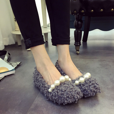 韩版可爱珍珠挂件羊羔毛单鞋套脚平底鞋毛毛鞋2015秋季新款女鞋
