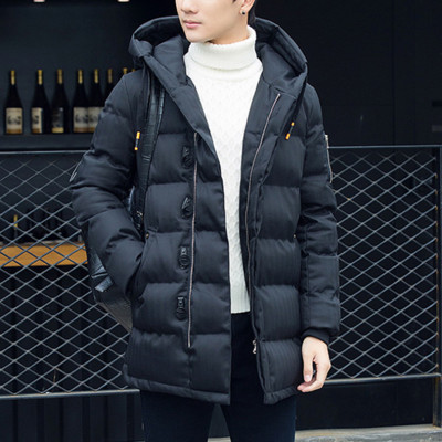 冬季新款男士休闲棉袄中长款连帽黑色棉衣加厚青年韩版修身外套潮
