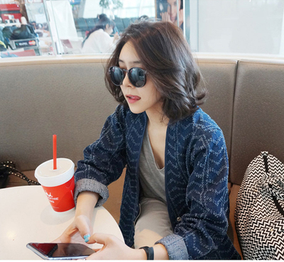 韩国代购2015秋季新款韩版水波纹图案休闲宽松短款上衣牛仔外套女
