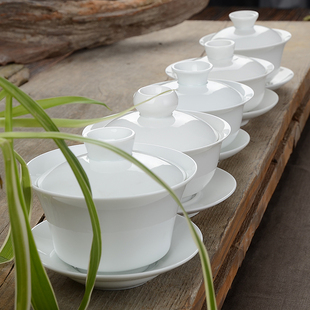 德化白瓷盖碗茶杯功夫茶具三才杯纯白陶瓷泡茶碗