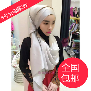 Muslim 穆斯林时尚纱巾锦丝缎纯色长巾 回族女士头巾百搭长巾新款