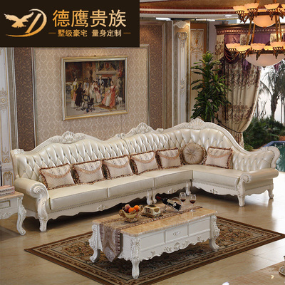 德鹰贵族欧式真皮沙发组合实木雕花转角白色香槟金皮沙发KTMG