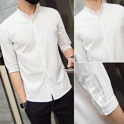 夏季新款白色亚麻衬衫男七分袖韩版修身潮流青年寸衫薄款中袖衬衣
