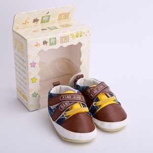 宝宝胶底学步鞋 PU革牛仔布 0-1岁婴儿防滑鞋 厂家直供宝宝步前鞋