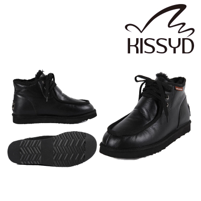 澳洲代购KISSYD皮毛一体男鞋防水黑色时尚系带雪地靴正品现货