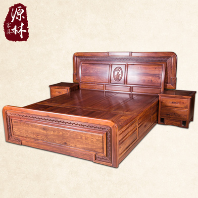 紫檀大床 现代实木床花檀木床1.8米单人床双人床大床储物高箱床