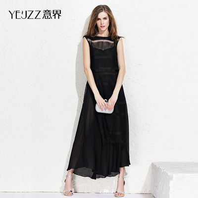 YE＇JZZ/意界2015夏圆领无袖蕾丝吊带两件套长裙礼服 雪纺连衣裙