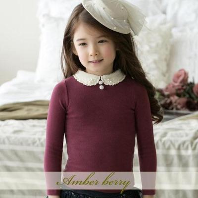 amber新款韩版童装秋冬女童钉珠加绒加厚可爱娃娃领打底衫T恤内衫