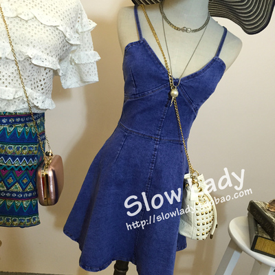 Slow lady 韩国东大门2015夏新款吊带低胸露背性感牛仔连衣裙洋装
