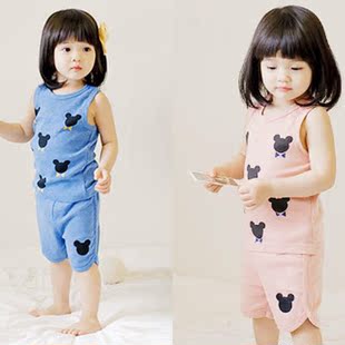 2015夏季韩版男女童宝宝背心棉童套装韩版可爱卡通头像印花