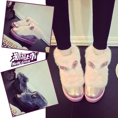 2015新款棉鞋雪地靴女短靴皮毛一体兔耳朵鞋粉色可爱面包鞋韩版潮