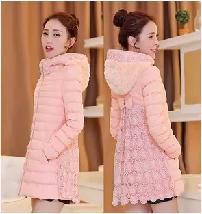 2015冬季新款韩版女装棉衣中长款蝴蝶结修身长袖棉服蕾丝拼接外套