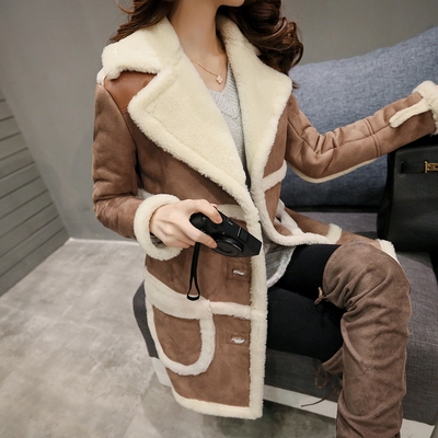 2015冬装新款韩国大翻领鹿皮绒羊羔毛外套女修身中长款毛呢大衣